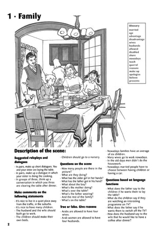 1 •Family
Glossary
married
age
advantage
disadvantage
wives
husbands
allowed
disabled
share
nowadays
teach
quarrel
reasons
make up
apologize
believe
presents
Description of the scene:
Suggested roleplays and
dialogues
• In pairs, make up short dialogues. You
and your sister are laying the table.
• In pairs, make up a dialogue in which
your sister is doing the cooking.
• In groups of three, think up a
conversation in which you three
are clearing the table after dinner.
Make comments on the
following statements
• It's nice to live in a quiet place away
from the traffic, in the suburbs.
• It's nice to have many children.
• The husband and the wife should
both go to work.
• The children should make their
own beds.
• Children should go to a nursery.
Questions on the scene
• How many people are there in the
picture?
• What are they doing?
• What has the older girl in her hands?
• What has the father got in his hand?
• What about the boy?
• What's the mother doing?
• What's over the table?
• What's the father wearing?
• And the rest of the family?
• What's on the table?
True or false. Give reasons
• Arabs are allowed to have four
wives.
• Arab women are allowed to have
four husbands.
• Nowadays families have an average
of six children.
• Many wives go to work nowadays.
• In the old days men didn't do the
housework.
• Nowadays married people have to
choose between having children or
having a car.
Questions based onlanguage
functions
• What does the father say to the
children if he wants them to lay
the table?
• What do the children say if they
are watching an interesting
programme on TV?
• What does the father say if he
wants them to switch off the TV?
• How does the husband say to the
wife that he would like to have a
coffee after dinner?
2
 
