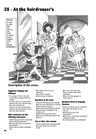 Glossary
to mind
to comb
dyed
oily
crew cut
wig
braids
to wonder
to hate
laughing
stock
set
Description of the scene:
56
Suggested roleplaysand
dialogues
• In a group of three, act out a
conversation among the three
women
• In pairs, act out a conversation
between the man with the long
hair and a hairdresser.
• In pairs, act out a conversation
between two hairdressers about
the man with long hair.
Make comments son the
followingstatements:
• Some men go to have a manicure
done at the hairdresser's
• Men shouldn't go to a women's
hairdresser's.
• Some wives cut their husbands'
hair.
• Men without hair are very
attractive.
• Men prefer blondes.
• Perms are out of fashion.
Questions on the scene
• What are the three women doing?
• What do you think they are saying?
• What are they wearing?
• What's the man at the back doing?
• Why are they all looking at the
young man?
• Where has he got his hands?
• What do you think the shop at the
back is?
True or false.Give reasons
• African people have long wavy hair.
• Men with short hair are more
manly.
• Men never dye their hair.
• Boys are more effeminate
nowadays.
• Older men love going to a
hairdresser's.
Questions based on language
functions
• Where do people go for a haircut?
• How often do people have a
haircut?
• What do you say to the
hairdresser?
• What does a hairdresser do before
cutting your hair?
• Do men usually have a shampoo?
28 . At the hairdresser's
 