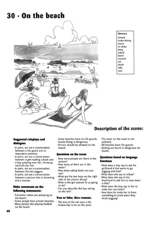 30 • On the beach
Glossary
tanned
scuba-diving
storm
to shake
lying
naked
burnt
roasted
toe
death
silly
way
Description of the scene;
Suggested roleplays and
dialogues
• In pairs, act out a conversation
between a life guard and an
imprudent swimmer.
• In pairs, act out a conversation
between a girl reading a book and
a boy jumping over her, throwing
sand all over her.
• In pairs, act out a conversation
between the two joggers.
• In pairs, act out a conversation
between a person who is drowning
and a rescuer.
Make comments on the
following statements:
• Transistor radios are annoying on
the beach.
• Some people have private beaches.
• Many people like playing football
on the beach.
• Some beaches have no life-guards.
• Scuba-diving is dangerous.
• Picnics should be allowed on the
beach.
Questions on the scene
• How many people are there in the
picture?
• How many of them are in the
water?
• How many saling boats can you
see?
• What are the two boys on the right
side of the picture doing?
• What is the girl nearest to us going
to do?
• Can you describe the boy sitting
on the left?
True or false. Give reasons.
• The kiss of life can save a life.
• Arabas like to lie on the sand.
• The water on the coast is not
polluted.
• All beaches have life-guards.
• Getting sun burnt is dangerous for
health.
Questions based on language
functions
• What does a boy say to ask his
girlfriend if she wants to go
jogging with him?
• What does she say to refuse?
• What does she say to her
boyfriend to ask him to slow down
a little?
• What does the boy say to her to
make her run faster?
• How does he invite her to have
something to drink when they
finish jogging?
60
 