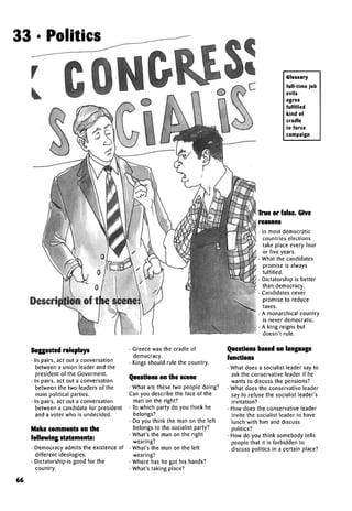 33 • Politics
Description of the scene:
Glossary
full-time job
evils
agree
fulfilled
kind of
cradle
to force
campaign
True or false. Give
reasons
• In most democratic
countries elections
take place every four
or five years.
• What the candidates
promise is always
fulfilled.
• Dictatorship is better
than democracy.
• Candidates never
promise to reduce
taxes.
• A monarchical country
is never democratic.
• A king reigns but
doesn't rule.
Suggestedroleplays
• In pairs, act out a conversation
between a union leader and the
president of the Goverment.
• In pairs, act out a conversation
between the two leaders of the
main political parties.
• In pairs, act out a conversation
between a candidate for president
and a voter who is undecided.
Make comments on the
following statements:
• Democracy admits the existence of
different ideologies.
• Dictatorship is good for the
country.
• Greece was the cradle of
democracy.
• Kings should rule the country.
Questions on the scene
• What are these two people doing?
Can you describe the face of the
man on the right?
• To which party do you think he
belongs?
• Do you think the man on the left
belongs to the socialist party?
• What's the man on the right
wearing?
• What's the man on the left
wearing?
• Where has he got his hands?
• What's taking place?
Questions based onlanguage
functions
• What does a socialist leader say to
ask the conservative leader if he
wants to discuss the pensions?
• What does the conservative leader
say to refuse the socialist leader's
invitation?
• How does the conservative leader
invite the socialist leader to have
lunch with him and discuss
politics?
• How do you think somebody tells
people that it is forbidden to
discuss politics in a certain place?
66
 
