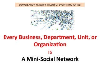 Every	Business,	Department,	Unit,	or	
Organiza7on	
is		
A	Mini-Social	Network	
	
CONVERSATION	NETWORK	THEORY	OF	EVERYTHING	(CNToE)	
 