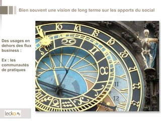 Bien souvent une vision de long terme sur les apports du social




Des usages en
dehors des flux
business :

Ex : les
communautés
de pratiques




                                                                   9
 