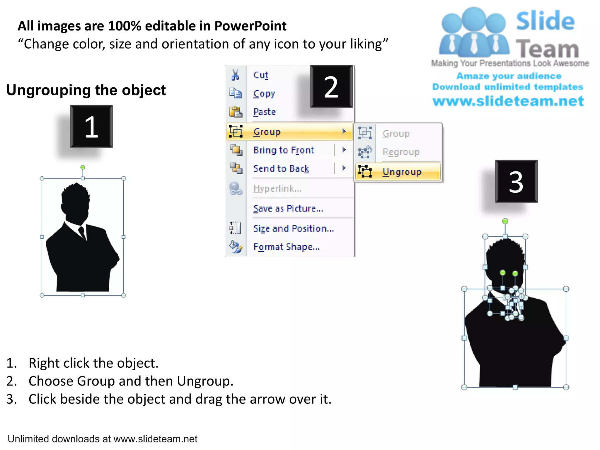 All images are 100% editable in PowerPoint
“Change color, size and orientation of any icon to your liking”
Ungrouping the object 2
1
3
1. Right click the object.
2. Choose Group and then Ungroup.
3. Click beside the object and drag the arrow over it.
Unlimited downloads at www.slideteam.net