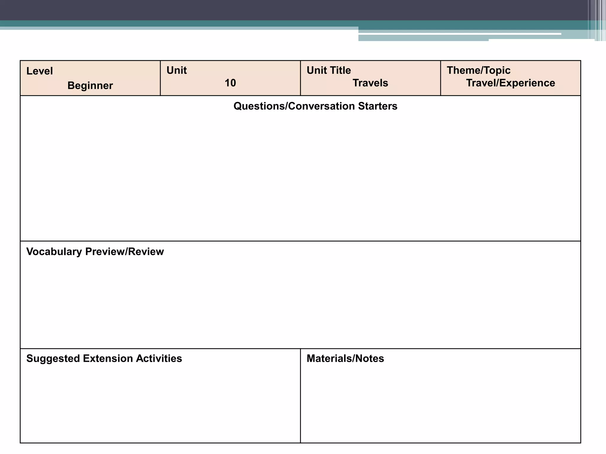 Level
Beginner
Unit
10
Unit Title
Travels
Theme/Topic
Travel/Experience
Questions/Conversation Starters
Vocabulary Preview/Review
Suggested Extension Activities Materials/Notes
 