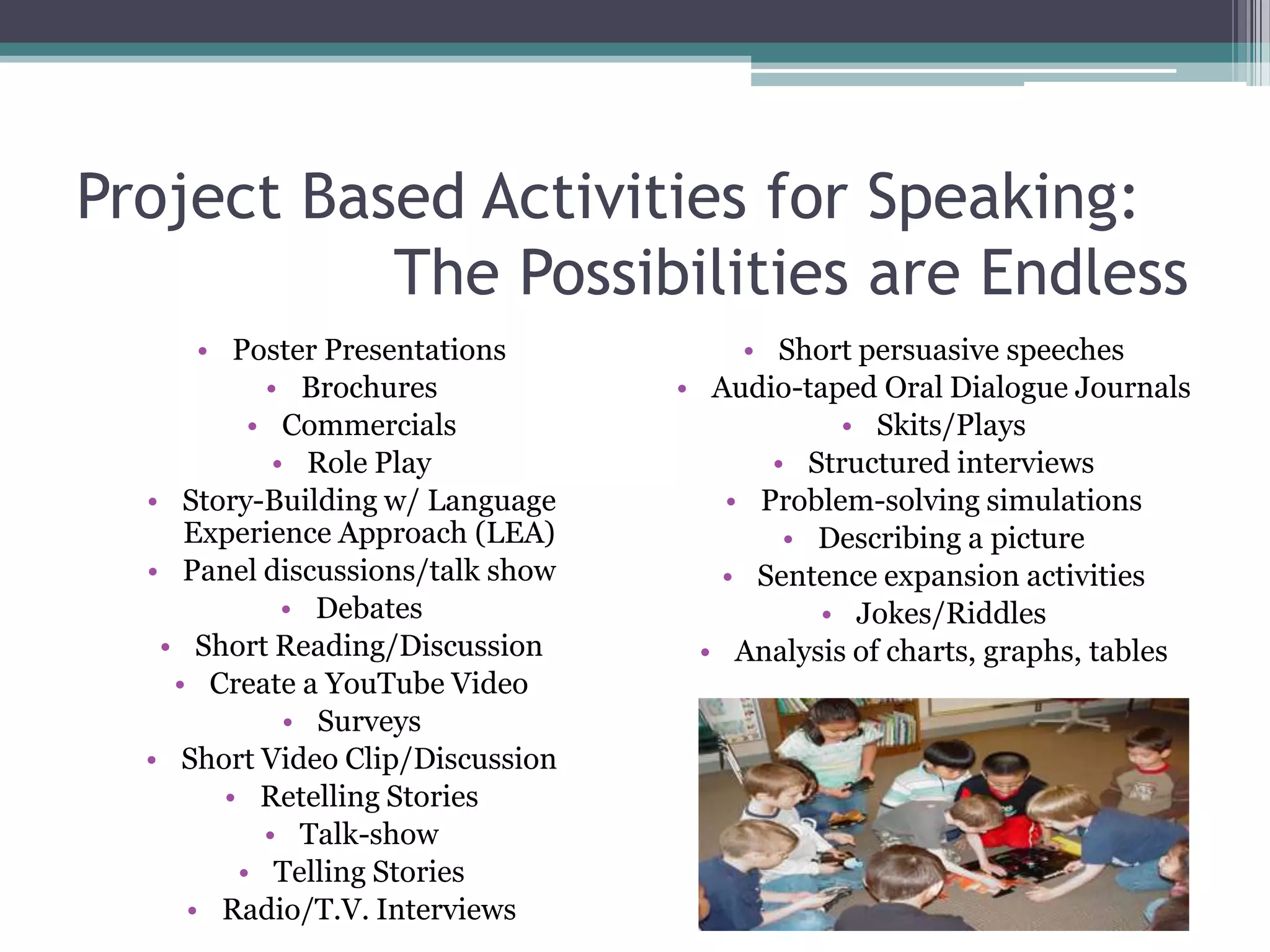 Project Based Activities for Speaking:
The Possibilities are Endless
• Poster Presentations
• Brochures
• Commercials
• Role Play
• Story-Building w/ Language
Experience Approach (LEA)
• Panel discussions/talk show
• Debates
• Short Reading/Discussion
• Create a YouTube Video
• Surveys
• Short Video Clip/Discussion
• Retelling Stories
• Talk-show
• Telling Stories
• Radio/T.V. Interviews
• Short persuasive speeches
• Audio-taped Oral Dialogue Journals
• Skits/Plays
• Structured interviews
• Problem-solving simulations
• Describing a picture
• Sentence expansion activities
• Jokes/Riddles
• Analysis of charts, graphs, tables
 