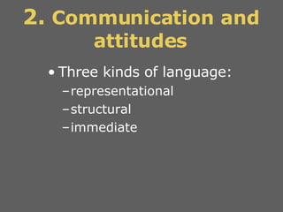 2.  Communication and attitudes <ul><li>Three kinds of language: </li></ul><ul><ul><li>representational </li></ul></ul><ul...