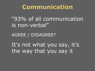 Communication <ul><li>“ 93% of all communication is non-verbal”  </li></ul><ul><li>AGREE / DISAGREE? </li></ul><ul><li>It’...