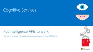 Put intelligence APIs to work
Tap into the power of machine learning with easy-to-use REST APIs.
Cognitive Services
 