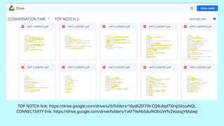 TOP NOTCH link: https://drive.google.com/drive/u/0/folders/10yd6ZIF7iN-CQ4UlqdTXlnpSktzaNQL
CONNECTIVITY link: https://drive.google.com/drive/folders/1iAFT9xhb5dufKObUxYfv2VoasgYMsbwJ
 