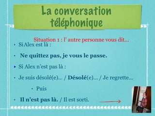 La conversation téléphonique Si   Alex est là : Ne quittez pas, je vous le passe. Si Alex n’est pas là : Je suis désolé(e)… /  Désolé (e)… / Je regrette… Puis   Il n’est pas là.  / Il est sorti. Situation 1 : l’ autre personne vous dit... 