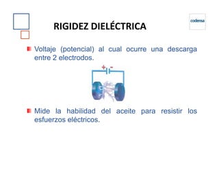 Voltaje (potencial) al cual ocurre una descarga
entre 2 electrodos.
RIGIDEZ DIELÉCTRICA
Mide la habilidad del aceite para resistir los
esfuerzos eléctricos.
 