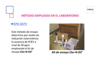 EPA 9079
MÉTODO EMPLEADO EN EL LABORATORIO
Este método de ensayo
determina por medio de
indicación colorimétrica
Kit de ensayo Clor-N-Oil®
indicación colorimétrica
la ausencia de PCB’s a
nivel de 50 ppm,
empleando el kit de
ensayo Clor-N-Oil®
 