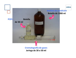 Análisis de condición
Botella de 1000 ml
PCB’s Botella
de 50 ml
Cromatografía de gases
Jeringa de 30 o 50 ml
 