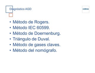 Diagnóstico AGD
• Método de Rogers.
• Método IEC 60599.
• Método de Doernenburg.
• Triángulo de Duval.
• Método de gases claves.
• Método del nomógrafo.
 