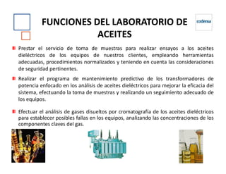 Prestar el servicio de toma de muestras para realizar ensayos a los aceites
dieléctricos de los equipos de nuestros clientes, empleando herramientas
adecuadas, procedimientos normalizados y teniendo en cuenta las consideraciones
de seguridad pertinentes.
FUNCIONES DEL LABORATORIO DEFUNCIONES DEL LABORATORIO DE
ACEITESACEITES
Realizar el programa de mantenimiento predictivo de los transformadores de
potencia enfocado en los análisis de aceites dieléctricos para mejorar la eficacia delpotencia enfocado en los análisis de aceites dieléctricos para mejorar la eficacia del
sistema, efectuando la toma de muestras y realizando un seguimiento adecuado de
los equipos.
Efectuar el análisis de gases disueltos por cromatografía de los aceites dieléctricos
para establecer posibles fallas en los equipos, analizando las concentraciones de los
componentes claves del gas.
 