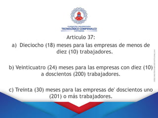 Articulo 37:
a) Dieciocho (18) meses para las empresas de menos de
diez (10) trabajadores.
b) Veinticuatro (24) meses para las empresas con diez (10)
a doscientos (200) trabajadores.
c) Treinta (30) meses para las empresas de' doscientos uno
(201) o más trabajadores.
 