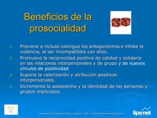 Laboratorio de Investigación Prosocial Aplicada (LIPA) – Universidad Autónoma de Barcelona
Beneficios de la
prosocialidad
1. Previene e incluso extingue los antagonismos e inhibe la
violencia, al ser incompatibles con ellos.
2. Promueve la reciprocidad positiva de calidad y solidaria
en las relaciones interpersonales y de grupo y de nuevos
círculos de positividad
3. Supone la valorización y atribución positivas
interpersonales.
4. Incrementa la autoestima y la identidad de las personas y
grupos implicados.
 