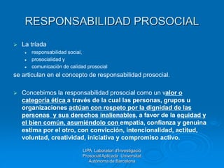 RESPONSABILIDAD PROSOCIAL
 La tríada
 responsabilidad social,
 prosocialidad y
 comunicación de calidad prosocial
se articulan en el concepto de responsabilidad prosocial.
 Concebimos la responsabilidad prosocial como un valor o
categoría ética a través de la cual las personas, grupos u
organizaciones actúan con respeto por la dignidad de las
personas y sus derechos inalienables, a favor de la equidad y
el bien común, asumiéndolo con empatía, confianza y genuina
estima por el otro, con convicción, intencionalidad, actitud,
voluntad, creatividad, iniciativa y compromiso activo.
LIPA Laboratori d'Investigació
Prosocial Aplicada Universitat
Autònoma de Barcelona
 