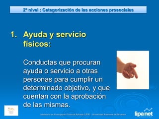 Laboratorio de Investigación Prosocial Aplicada (LIPA) – Universidad Autónoma de Barcelona
1. Ayuda y servicio
físicos:
Conductas que procuran
ayuda o servicio a otras
personas para cumplir un
determinado objetivo, y que
cuentan con la aprobación
de las mismas.
2º nivel : Categorización de las acciones prosociales
 