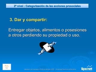 Laboratorio de Investigación Prosocial Aplicada (LIPA) – Universidad Autónoma de Barcelona
3. Dar y compartir:
Entregar objetos, alimentos o posesiones
a otros perdiendo su propiedad o uso.
2º nivel : Categorización de las acciones prosociales
 