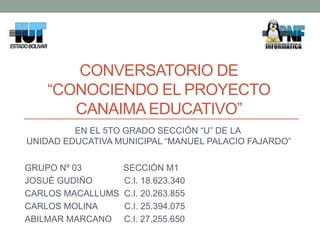 GRUPO Nº 03 SECCIÓN M1
JOSUÉ GUDIÑO C.I. 18.623.340
CARLOS MACALLUMS C.I. 20.263.855
CARLOS MOLINA C.I. 25.394.075
ABILMAR...