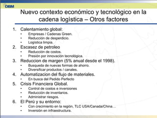 Nuevo contexto económico y tecnológico en la
        cadena logìstica – Otros factores
1. Calentamiento global:
   •   Empresas / Cadenas Green.
   •   Reducción de desperdicio.
   •   Logística limpia.
2. Escasez de petroleo
   •   Reducción de costos.
   •   Presión por innovación tecnológica.
3. Reduccion de margen (5% anual desde el 1998).
   •   Busqueda de nuevas formas de ahorro.
   •   Diversificar productos / canales.
4. Automatizacion del flujo de materiales.
   •   En busca del Pedido Perfecto
5. Crisis Financiera Global.
   •   Control de costos e inversiones
   •   Reducción de inventarios.
   •   Administrar riesgos.
6. El Perú y su entorno:
   •   Con crecimiento en la región, TLC USA/Canada/China…
   •   Inversión en infraestructura.
 