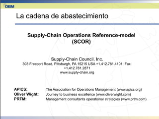 La cadena de abastecimiento

       Supply-Chain Operations Reference-model
                       (SCOR)


                    Supply-Chain Council, Inc.
    303 Freeport Road, Pittsburgh, PA 15215 USA +1.412.781.4101; Fax:
                             +1.412.781.2871
                           www.supply-chain.org



APICS:           The Association for Operations Management (www.apics.org)
Oliver Wight:    Journey to business excellence (www.oliverwight.com)
PRTM:            Management consultants operational strategies (www.prtm.com)
 