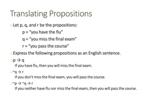 Translating Propositions
oLet p, q, and r be the propositions:
p = “you have the flu”
q = “you miss the final exam”
r = “you pass the course”
oExpress the following propositions as an English sentence.
op → q
If you have flu, then you will miss the final exam.
o~q → r
If you don’t miss the final exam, you will pass the course.
o~p → ~q → r
If you neither have flu nor miss the final exam, then you will pass the course.
 