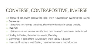CONVERSE, CONTRAPOSITIVE, INVERSE
oIf Howard can swim across the lake, then Howard can swim to the island.
o Converse:
o If Howard can swim to the island, then Howard can swim across the lake.
o Inverse:
o If Howard cannot swim across the lake, then Howard cannot swim to the island.
oIf today is Easter, then tomorrow is Monday.
o Converse: If tomorrow is Monday, then today is Easter.
o Inverse: If today is not Easter, then tomorrow is not Monday.
 