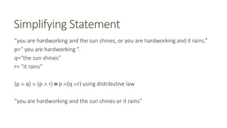 Simplifying Statement
“you are hardworking and the sun shines, or you are hardworking and it rains.”
p=“ you are hardworking “.
q=“the sun shines”
r= “it rains”
(p  q)  (p  r)  p (q r) using distributive law
“you are hardworking and the sun shines or it rains”
 