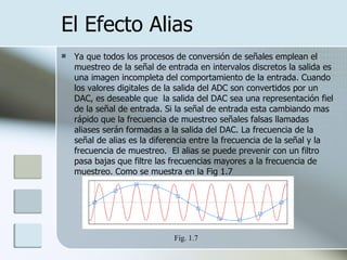 El Efecto Alias Ya que todos los procesos de conversión de señales emplean el muestreo de la señal de entrada en intervalos discretos la salida es una imagen incompleta del comportamiento de la entrada. Cuando los valores digitales de la salida del ADC son convertidos por un DAC, es deseable que  la salida del DAC sea una representación fiel de la señal de entrada. Si la señal de entrada esta cambiando mas rápido que la frecuencia de muestreo señales falsas llamadas aliases serán formadas a la salida del DAC. La frecuencia de la señal de alias es la diferencia entre la frecuencia de la señal y la frecuencia de muestreo.  El alias se puede prevenir con un filtro pasa bajas que filtre las frecuencias mayores a la frecuencia de muestreo. Como se muestra en la Fig 1.7 Fig. 1.7 