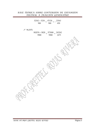BASE TEÓRICA SOBRE CONVERSIÓN DE EXPANSIÓN
DECIMAL A FRACCIÓN GENERATRIZ
MADE BY: PROF. GRETTEL ROJAS RIVERA Página 3
450
23563
900
47126
900
523652362
−==
−
7628,98
2475
243262
9900
973048
9900
9828982876
==
−
 
