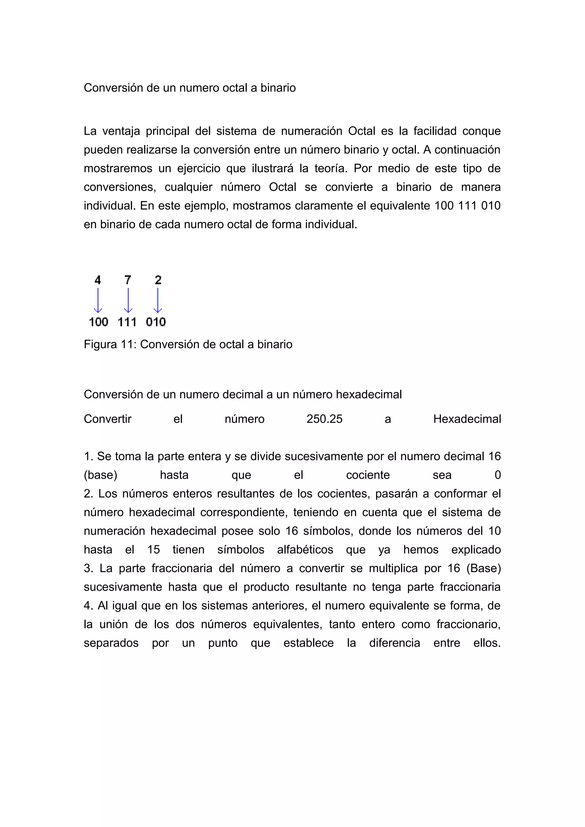 Conversión de un numero octal a binario
La ventaja principal del sistema de numeración Octal es la facilidad conque
pueden realizarse la conversión entre un número binario y octal. A continuación
mostraremos un ejercicio que ilustrará la teoría. Por medio de este tipo de
conversiones, cualquier número Octal se convierte a binario de manera
individual. En este ejemplo, mostramos claramente el equivalente 100 111 010
en binario de cada numero octal de forma individual.
Figura 11: Conversión de octal a binario
Conversión de un numero decimal a un número hexadecimal
Convertir el número 250.25 a Hexadecimal
1. Se toma la parte entera y se divide sucesivamente por el numero decimal 16
(base) hasta que el cociente sea 0
2. Los números enteros resultantes de los cocientes, pasarán a conformar el
número hexadecimal correspondiente, teniendo en cuenta que el sistema de
numeración hexadecimal posee solo 16 símbolos, donde los números del 10
hasta el 15 tienen símbolos alfabéticos que ya hemos explicado
3. La parte fraccionaria del número a convertir se multiplica por 16 (Base)
sucesivamente hasta que el producto resultante no tenga parte fraccionaria
4. Al igual que en los sistemas anteriores, el numero equivalente se forma, de
la unión de los dos números equivalentes, tanto entero como fraccionario,
separados por un punto que establece la diferencia entre ellos.
 
