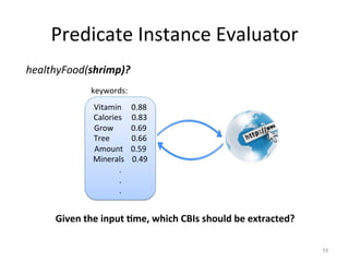 Predicate	
  Instance	
  Evaluator	
  	
  
keywords:	
  
healthyFood(shrimp)?	
  
Given	
  the	
  input	
  Bme,	
  which	
  CBIs	
  should	
  be	
  extracted?	
  
59	
  
Vitamin	
  	
  	
  	
  	
  0.88	
  
Calories	
  	
  	
  	
  	
  0.83	
  
Grow	
  	
  	
  	
  	
  	
  	
  	
  	
  0.69	
  
Tree	
  	
  	
  	
  	
  	
  	
  	
  	
  	
  	
  0.66	
  
Amount	
  	
  	
  	
  0.59	
  
Minerals	
  	
  	
  	
  0.49	
  
.	
  
.	
  
.	
  
 