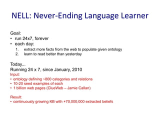 NELL:	
  Never-­‐Ending	
  Language	
  Learner	
  
Goal:
•	
   	
  run 24x7, forever
•	
   	
  each day:
1.	
   	
  extract more facts from the web to populate given ontology
2.	
   	
  learn to read better than yesterday
Today...
Running 24 x 7, since January, 2010
Input:
•	
  	
  ontology defining ~800 categories and relations
•	
  	
  10-20 seed examples of each
•	
  	
  1 billion web pages (ClueWeb – Jamie Callan)
Result:
•	
  	
  continuously growing KB with +70,000,000 extracted beliefs
 