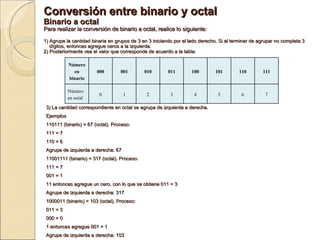 Conversión entre binario y octal  Binario a octal  Para realizar la conversión de binario a octal, realice lo siguiente: 1) Agrupe la cantidad binaria en grupos de 3 en 3 iniciando por el lado derecho. Si al terminar de agrupar no completa 3  dígitos, entonces agregue ceros a la izquierda. 2) Posteriormente vea el valor que corresponde de acuerdo a la tabla: 3) La cantidad correspondiente en octal se agrupa de izquierda a derecha. Ejemplos  110111 (binario) = 67 (octal). Proceso:  111 = 7 110 = 6 Agrupe de izquierda a derecha: 67 11001111 (binario) = 317 (octal). Proceso:  111 = 7 001 = 1 11 entonces agregue un cero, con lo que se obtiene 011 = 3 Agrupe de izquierda a derecha: 317 1000011 (binario) = 103 (octal). Proceso:  011 = 3 000 = 0 1 entonces agregue 001 = 1 Agrupe de izquierda a derecha: 103 Número en binario 000 001 010 011 100 101 110 111 Número en octal 0 1 2 3 4 5 6 7 