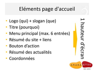 Eléments page d'accueilLogo (qui) + slogan (que)Titre (pourquoi)Menu principal (max. 6 entrées) Résumé du site + liensBouton d’actionRésumé des actualitésCoordonnées1 hauteur d’écran