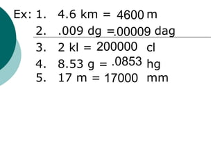 Ex: 1. 4.6 km = m 2. .009 dg  =    dag 3. 2 kl = cl  4. 8.53 g = hg   5. 17 m = mm    200000 .00009 4600 .0853 17000 