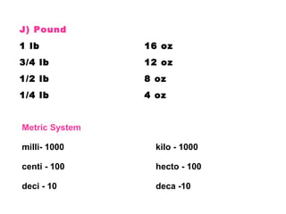 J) Pound
1 lb

16 oz

3/4 lb

12 oz

1/2 lb

8 oz

1/4 lb

4 oz

Metric System
milli- 1000

kilo - 1000

centi - 100

hecto - 100

deci - 10

deca -10

 