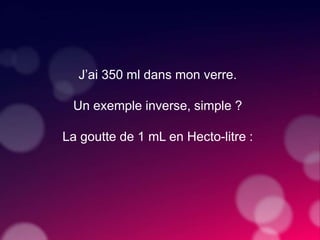 J’ai 350 ml dans mon verre.
Un exemple inverse, simple ?
La goutte de 1 mL en Hecto-litre :
 