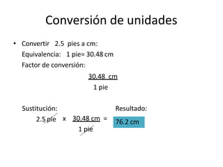 Conversión de unidades
• Convertir 2.5 pies a cm:
Equivalencia: 1 pie= 30.48 cm
Factor de conversión:
30.48 cm
1 pie
Resultado:
Sustitución:
2.5 pie x 30.48 cm =
1 pie
76.2 cm
 