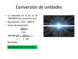 Conversión de unidades
• La velocidad de la luz es de
300 000 km/s, convertir a m/s.
• Equivalencia: 1 km= 1000 m
• Factor de conversión:
1000 m
1 km
300 000 km x 1000 m x =
s 1 km
Resultado:
300 000 000 m/s = 3 x 108m/s
 