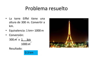 Problema resuelto
• La torre Eiffel tiene una
altura de 300 m. Convertir a
km.
• Equivalencia: 1 km= 1000 m
• Conversión:
300 m x 1 km
1000 m
Resultado:
0.3 km
 