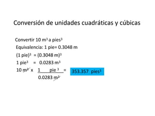 Conversión de unidades cuadráticas y cúbicas
Convertir 10 m3 a pies3
Equivalencia: 1 pie= 0.3048 m
(1 pie)3
1 pie3
= (0.3048 m)3
= 0.0283 m3
10 m3 x 1 pie 3 =
0.0283 m3
353.357 pies3
 