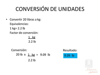 CONVERSIÓN DE UNIDADES
• Convertir 20 libras a kg:
Equivalencias:
1 kg= 2.2 lb
Factor de conversión:
1 kg
2.2 lb
Resultado:
Conversión:
20 lb x 9.09 lb
1 kg =
2.2 lb
9.09 lb
 