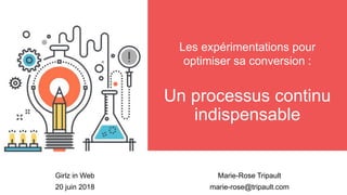 Un processus continu
indispensable
Marie-Rose Tripault
marie-rose@tripault.com
Les expérimentations pour
optimiser sa conversion :
Girlz in Web
20 juin 2018
 