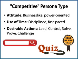 Decision Making Persona Types
Source: Bryan & Jeﬀrey Eisenberg's book, "Waiting for Your Cat to Bark?"
LOGICAL EMOTIONAL
FAST
COMPETITIVE
What's the bottom line?
SPONTANEOUS
Why should I choose you now?
SLOW
METHODICAL
How does your process or
product work?
HUMANISTIC
Who used your solution to solve
my problem?
 