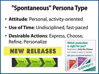 "Competitive" Persona Type
•  Attitude: Businesslike, power-oriented
•  Use of Time: Disciplined, fast-paced
•  Desirable Actions: Lead, Control, Solve,
Prove, Challenge, Learn
Angie Schottmuller (@aschottmuller), Three Deep Marketing
 