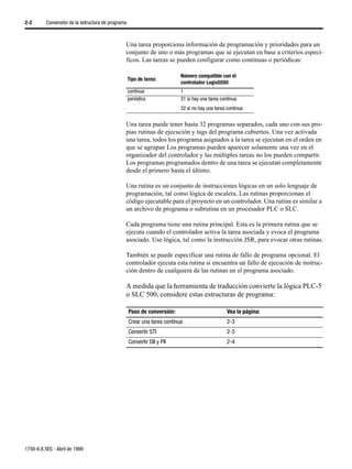 2-2       Conversión de la estructura de programa



                                                Una tarea proporciona información de programación y prioridades para un
                                                conjunto de uno o más programas que se ejecutan en base a criterios especí-
                                                ficos. Las tareas se pueden configurar como continuas o periódicas:

                                                                           Número compatible con el
                                                    Tipo de tarea:
                                                                           controlador Logix5550:
                                                    continua               1
                                                    periódica              31 si hay una tarea continua
                                                                           32 si no hay una tarea continua


                                                Una tarea puede tener hasta 32 programas separados, cada uno con sus pro-
                                                pias rutinas de ejecución y tags del programa cubiertos. Una vez activada
                                                una tarea, todos los programa asignados a la tarea se ejecutan en el orden en
                                                que se agrupan Los programas pueden aparecer solamente una vez en el
                                                organizador del controlador y las múltiples tareas no los pueden compartir.
                                                Los programas programados dentro de una tarea se ejecutan completamente
                                                desde el primero hasta el último.

                                                Una rutina es un conjunto de instrucciones lógicas en un solo lenguaje de
                                                programación, tal como lógica de escalera. Las rutinas proporcionan el
                                                código ejecutable para el proyecto en un controlador. Una rutina es similar a
                                                un archivo de programa o subrutina en un procesador PLC o SLC.

                                                Cada programa tiene una rutina principal. Esta es la primera rutina que se
                                                ejecuta cuando el controlador activa la tarea asociada y evoca el programa
                                                asociado. Use lógica, tal como la instrucción JSR, para evocar otras rutinas.

                                                También se puede especificar una rutina de fallo de programa opcional. El
                                                controlador ejecuta esta rutina si encuentra un fallo de ejecución de instruc-
                                                ción dentro de cualquiera de las rutinas en el programa asociado.

                                                A medida que la herramienta de traducción convierte la lógica PLC-5
                                                o SLC 500, considere estas estructuras de programa:

                                                    Paso de conversión:                           Vea la página:
                                                    Crear una tarea continua                      2-3
                                                    Convertir STI                                 2-3
                                                    Convertir DII y PII                           2-4




1756-6.8.5ES - Abril de 1999
 