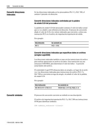 3-18      Conversión de datos



Convertir direcciones           En las direcciones indexadas en los procesadores PLC-5 y SLC 500, el
indexadas                       carácter # precede a la dirección.


                                Convertir direcciones indexadas controladas por la palabra
                                de estado S:24 del procesador

                                La palabra de estado S:24 del procesador contiene el valor de índice actual
                                que se va a añadir a una referencia de dirección. El proceso de conversión
                                añade el valor de S:24 a los valores indexados que convierte y coloca una
                                instrucción PCE en el archivo de importación/exportación de salida.

                                Por ejemplo:

                                Esta dirección:             Se convierte en:
                                #N7:2                       N7[2 + S24]



                                Convertir direcciones indexadas que especifican datos en archivos
                                (arreglos Logix5550)

                                Las direcciones indexadas también se usan con las instrucciones de archivo
                                para realizar operaciones en archivos de datos. Esta instrucción usa una
                                estructura CONTROL para determinar el valor de índice – la posición
                                actual dentro del archivo.

                                El controlador Logix5550 almacena datos en arreglos, en lugar de en archi-
                                vos. Las direcciones indexadas para instrucciones de archivo PLC-5 y
                                SLC 500 se convierten en tags de arreglo, sin añadir el valor de la palabra
                                de estado S:24.

                                Por ejemplo:

                                Esta instrucción:                     Se convierte en:
                                AVE #N10:0 N11:0 R6:0 6 0             AVE(N10[0], 0, N11[0], R6[0], 6, 0)



Convertir símbolos              El proceso de conversión convierte un símbolo en una descripción.

                                El archivo de importación/exportación PLC-5 y SLC 500 usa instrucciones
                                SYM para identificar símbolos:

                                SYM <address_reference> <literal>




1756-6.8.5ES - Abril de 1999
 